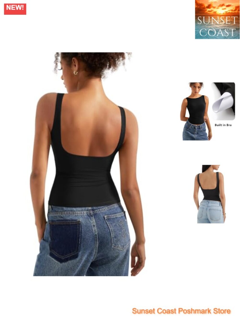 Double Lined Open Back Tank Top with Built in Bra - Padded Boat Neck